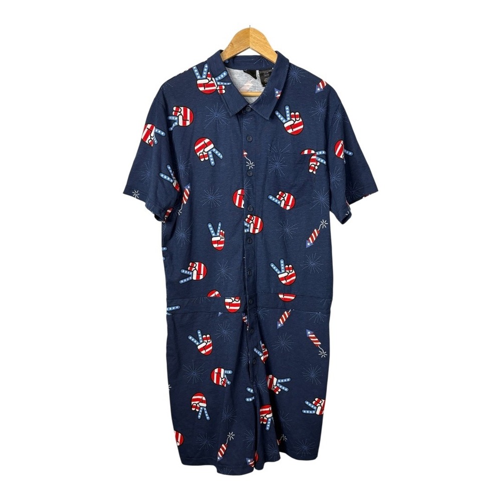 Mad Engine Patriotic Romper Fourth 4th July Peace Sign Rocket‎ Navy Men Size XL